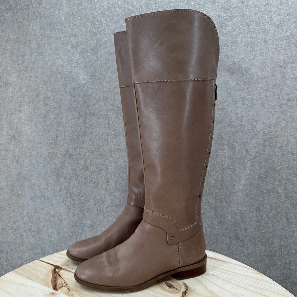Franco Sarto Roxana Riding Boots 7 Brown Leather Studded Back Zip Over The Knee